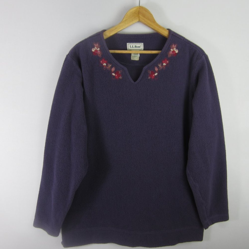 L.L. Bean Womens Large Purple Floral Embroidered LS Fleece Pullover Tunic Shirt